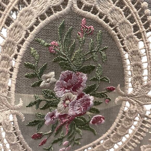 Upcycled Denim Jacket Embroidered Lace Open back beige Size XL/XXL Floral - Picture 5 of 9